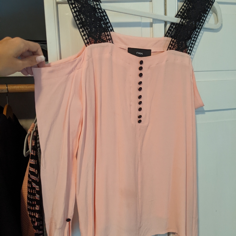 Pink and black cold shoulder blouse
